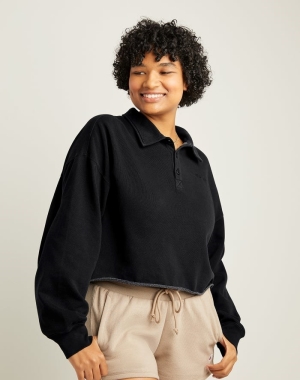 Champion Lätta Fleece Polo Cropped T-shirt Dam Svarta | 8456270-ZI